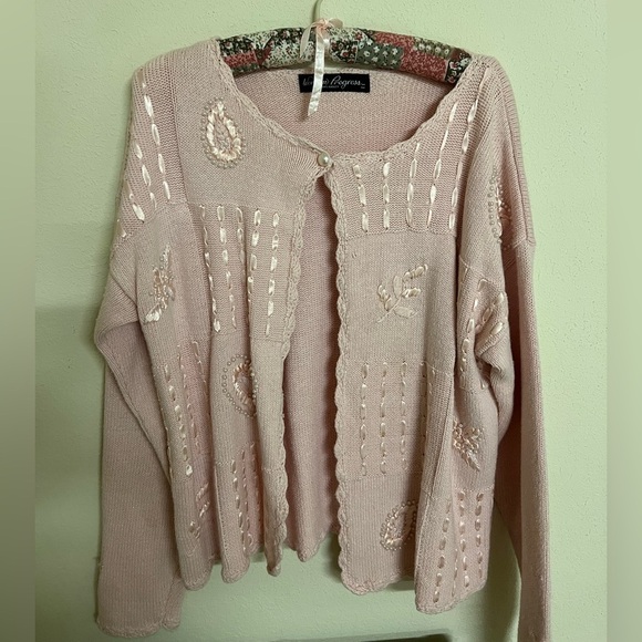 Pink Embroidered Women's Sweater Vintage Cardigan Womens Large - Picture 1 of 6
